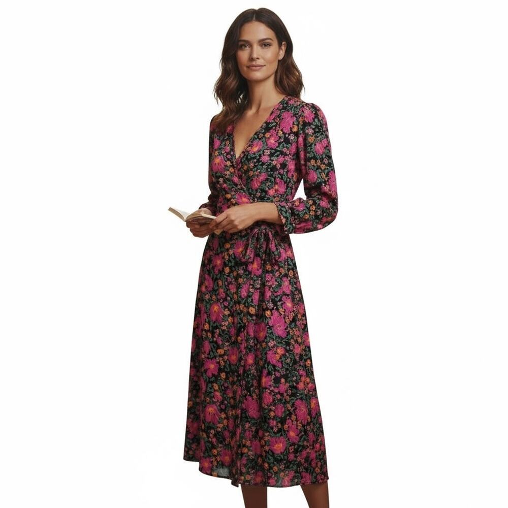Topshop 12 Black Pink Floral Wrap Midi Dress Long Sleeve Elegant Boho Style